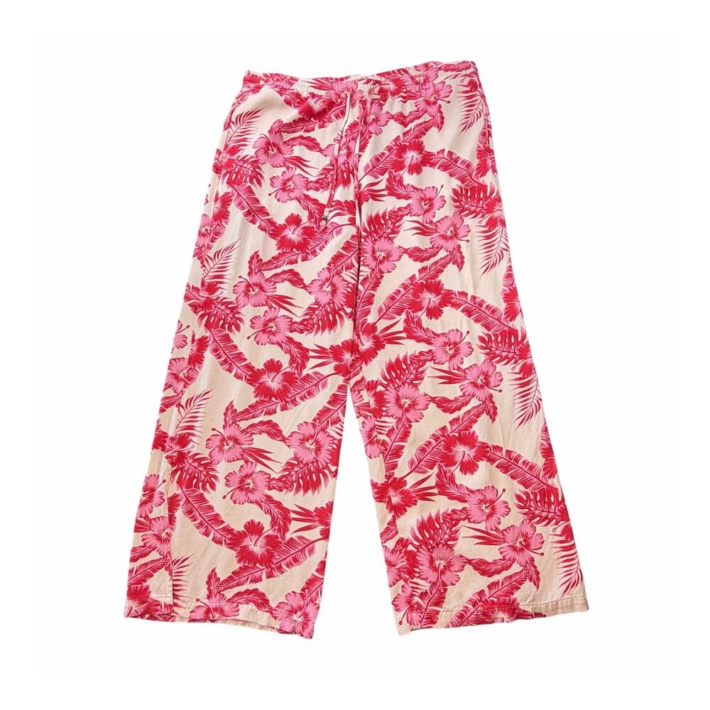 Revery Wide Leg Cream Pink Floral Tropical Waist Tie Flowy Casual Beach Pants